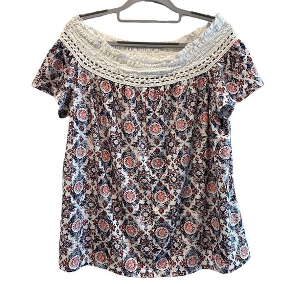 New Directions Abstract Pattern Off Shoulder Blouse Tshirt Blue Red Size XL - Picture 1 of 7